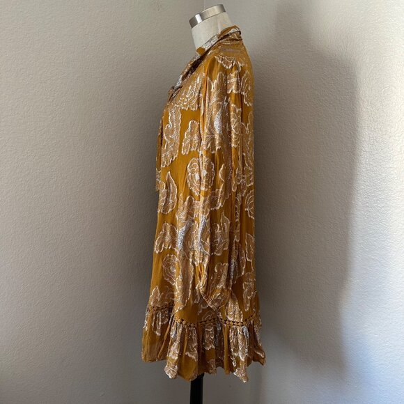 Anthropologie Maeve Flowy Mini Dress Tie Neck Long Cuffed Sleeve Gold Metallic L - Picture 7 of 16